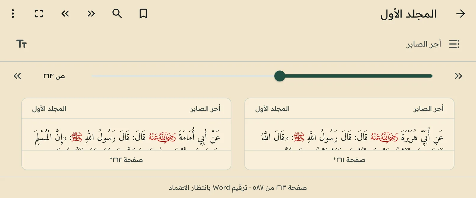 القارئ بالوضع الأفقي والسمة الورقية مع شريط التنقل بين الصفحات ومعاينة الصفحات المتجاورة