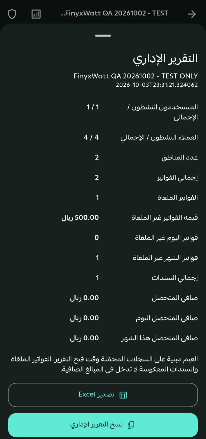 التقرير الإداري للشركة مع المستخدمين والعملاء والفواتير والسندات وصافي المتحصل
