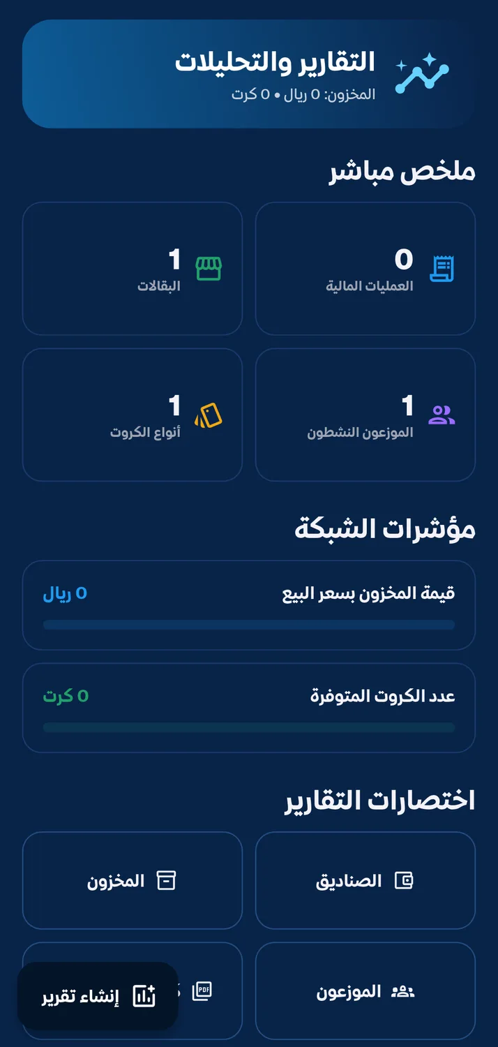 مركز التقارير والتحليلات مع ملخص مباشر ومؤشرات الشبكة واختصارات التقارير