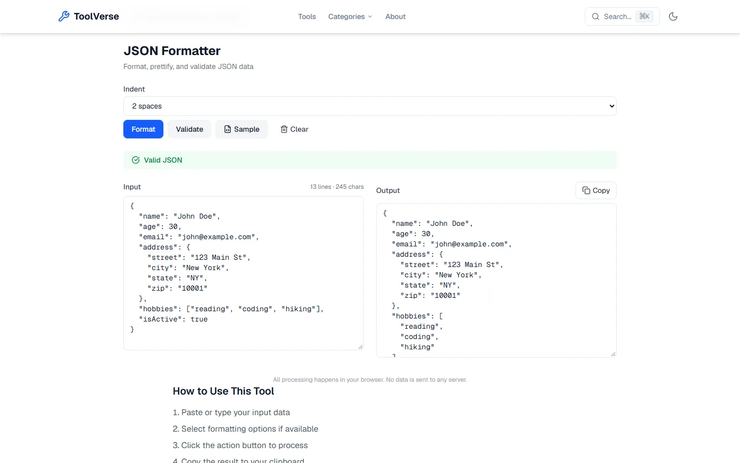 منسق JSON مع المدخلات والمخرجات المنسقة